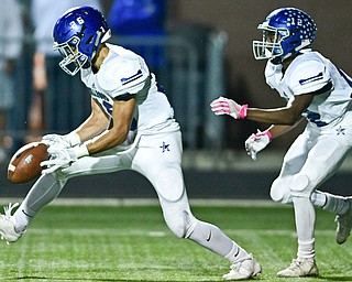 POLAND, OHIO - OCTOBER 13, 2017: Lakeview's Elijah McMurdy intercepts a pass during the first half of their game Friday night at Poland High School. DAVID DERMER | THE VINDICATOR..Lakeview's Michael Hill pictured.