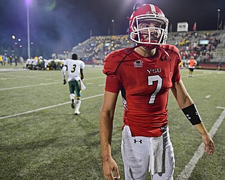 YOUNGSTOWN, OHIO - OCTOBER 14, 2017: Youngstown State's Nathan Mays walks off the field after Youngstown State was defeated by North Dakota State 27-24 in overtime, Saturday night at Stambaugh Stadium. DAVID DERMER | THE VINDICATOR