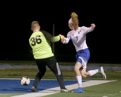 Niles' Trent Boyle (36) pushes Poland's Reed McCreery (7) during the first half as Niles McKinley High School takes on Poland Seminary High School, Tuesday, Oct. 17, 2017, at Poland High School in Poland. ..(Nikos Frazier | The Vindicator)..