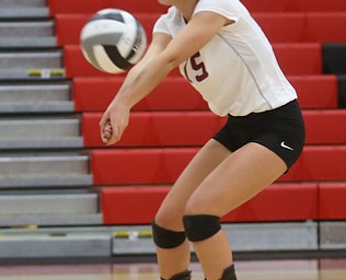 South RangeÕs Ashley McKee (15) bumps the ball during the first set as Crestview High School takes on South Range High School during the 2017 DIII District Volleyball Tournament, Thursday, Oct. 19, 2017, at Salem High School in Salem. Crestwood won the series, 3-0...(Nikos Frazier | The Vindicator)..