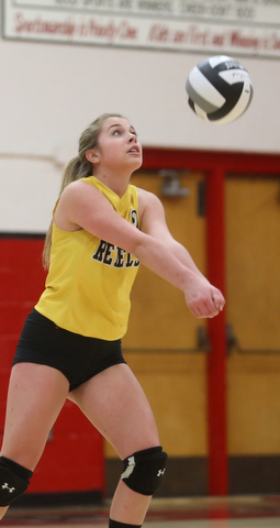 Crestview's Anatasha Salmen (2) bumps the ball during the first set as Crestview High School takes on South Range High School during the 2017 DIII District Volleyball Tournament, Thursday, Oct. 19, 2017, at Salem High School in Salem. Crestwood won the series, 3-0...(Nikos Frazier | The Vindicator)..