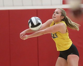 Crestview's Anatasha Salmen (2) bumps the ball during the first set as Crestview High School takes on South Range High School during the 2017 DIII District Volleyball Tournament, Thursday, Oct. 19, 2017, at Salem High School in Salem. Crestwood won the series, 3-0...(Nikos Frazier | The Vindicator)..