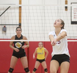 South RangeÕs Ashley McKee (15) prepares to bumps the ball over the net during the first set as Crestview High School takes on South Range High School during the 2017 DIII District Volleyball Tournament, Thursday, Oct. 19, 2017, at Salem High School in Salem. Crestwood won the series, 3-0...(Nikos Frazier | The Vindicator)..