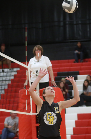 Crestview's Haley Eskra (12) prepares to set the ball during the second set as Crestview High School takes on South Range High School during the 2017 DIII District Volleyball Tournament, Thursday, Oct. 19, 2017, at Salem High School in Salem. Crestwood won the series, 3-0...(Nikos Frazier | The Vindicator)..