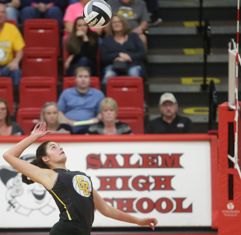 Crestview's Emily Emch (19) spikes the ball during the second set as Crestview High School takes on South Range High School during the 2017 DIII District Volleyball Tournament, Thursday, Oct. 19, 2017, at Salem High School in Salem. Crestwood won the series, 3-0...(Nikos Frazier | The Vindicator)..