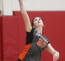 Springfield's Natalie Babinec (20) serves during the first set as United Local High School takes on Springfield Local High School during the 2017 DIII District Volleyball Tournament, Thursday, Oct. 19, 2017, at Salem High School in Salem...(Nikos Frazier | The Vindicator)..