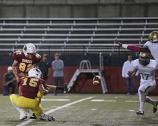 Cardinal Mooney kicker Andrew Philibin (82)'s extra point is blocked during the first quarter as Ursuline High School takes on Cardinal Mooney High School, Friday, Oct. 20, 2017, at Stambaugh Stadium at Youngstown State University in Youngstown...(Nikos Frazier | The Vindicator)..