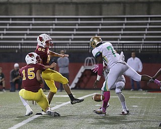 Cardinal Mooney kicker Andrew Philibin (82)'s extra point is blocked during the first quarter as Ursuline High School takes on Cardinal Mooney High School, Friday, Oct. 20, 2017, at Stambaugh Stadium at Youngstown State University in Youngstown...(Nikos Frazier | The Vindicator)..