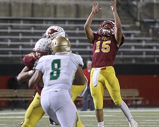 Cardinal Mooney quarterback Antonio Page (15) jumps to catch a wild pas during the second quarter as Ursuline High School takes on Cardinal Mooney High School, Friday, Oct. 20, 2017, at Stambaugh Stadium at Youngstown State University in Youngstown...(Nikos Frazier | The Vindicator)..