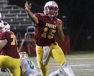 Cardinal Mooney quarterback Antonio Page (15) throws during the second quarter as Ursuline High School takes on Cardinal Mooney High School, Friday, Oct. 20, 2017, at Stambaugh Stadium at Youngstown State University in Youngstown...(Nikos Frazier | The Vindicator)..