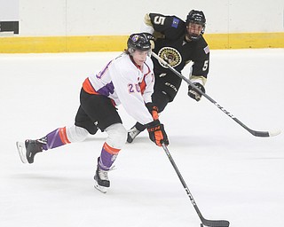 Youngstown Phantoms center Curtis Hall (20) extend his stick to block a pass to Muskegon Lumberjacks forward Wyatt Bongiovanni (5) during the second period as the Muskegon Lumberjacks take on the Youngstown Phantoms, Saturday, Oct. 21, 2017, at the Covelli Centre in Youngstown...(Nikos Frazier | The Vindicator)..