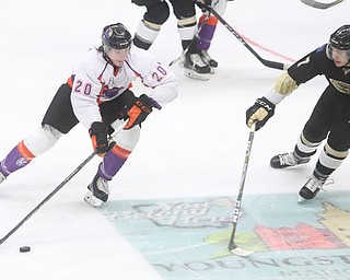 Youngstown Phantoms center Curtis Hall (20) attempts to get around Muskegon Lumberjacks defenseman Collin Murphy (7) during the second period as the Muskegon Lumberjacks take on the Youngstown Phantoms, Saturday, Oct. 21, 2017, at the Covelli Centre in Youngstown...(Nikos Frazier | The Vindicator)..