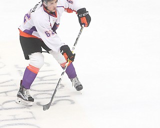 Youngstown Phantoms defenseman Michael Joyaux (62) shoots during the second period as the Muskegon Lumberjacks take on the Youngstown Phantoms, Saturday, Oct. 21, 2017, at the Covelli Centre in Youngstown...(Nikos Frazier | The Vindicator)..
