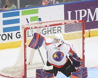 Youngstown Phantoms goalie Wouter Peeters (36) blocks a shot during the second period as the Muskegon Lumberjacks take on the Youngstown Phantoms, Saturday, Oct. 21, 2017, at the Covelli Centre in Youngstown...(Nikos Frazier | The Vindicator)..