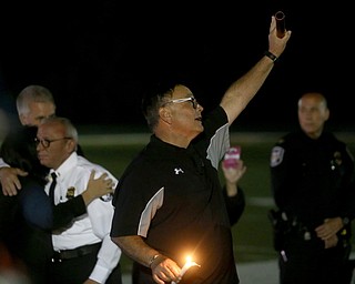 David Leo thanks attendees for attending a vigil for his son, Girard Police Officer Justin Leo, Sunday, Oct. 22, 2017, at Arrowhead Stadium in Girard. Officer Leo was killed while responding to a potential suicide around 10:00 p.m., Saturday, Oct. 21, 2017, on the 400 block of Indiana Ave in Girard. Officer Leo was transported to St. ElizabethÕs Youngstown for surgery where he later died. ..(Nikos Frazier | The Vindicator)