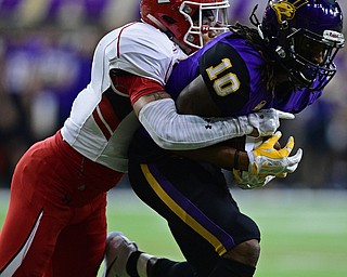 CEDAN FALLS, IOWA - OCTOBER 21, 2017: Northern Iowa's Daurice Fountain hangs on to the football while being hit by Youngstown State's Jalyn Powell during the first half of their game Saturday afternoon at the UNI Dome. Northern Iowa won 19-14. DAVID DERMER | THE VINDICATOR