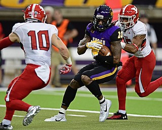 CEDAN FALLS, IOWA - OCTOBER 21, 2017: Northern Iowa's Daurice Fountain secures the ball after a reception before being hit by Youngstown State's Avery Larkin, right, and Kyle Hegedus during the first half of their game Saturday afternoon at the UNI Dome. Northern Iowa won 19-14. DAVID DERMER | THE VINDICATOR