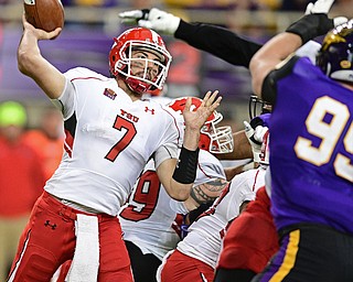 CEDAN FALLS, IOWA - OCTOBER 21, 2017: Youngstown State's Nathan Mays throws a pass during the first half of their game Saturday afternoon at the UNI Dome. Northern Iowa won 19-14. DAVID DERMER | THE VINDICATOR