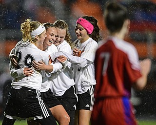 NEW SPRINGFIELD, OHIO - OCTOBER 23, 2017: Springfield's Kaylee Kosek, center, is congratulated by her teammates including Anna Rothwell, Jenna Hatton and Anna Ohlin after scoring a goal during the second half of their game Monday night at Springfield High School. Springfield won 5-1. DAVID DERMER | THE VINDICATOR..Lordstown's Mya Currence pictured.