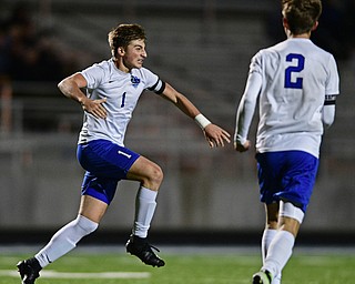 CORTLAND, OHIO - OCTOBER 23, 2017: Lakeview's Anthony Sylvester, left, celebrates after scoring a goal during the first half of their game Tuesday night at Lakeview High School. Lakeview won 1-0. DAVID DERMER | THE VINDICATOR..Lakeview's Noah Busefink pictured.