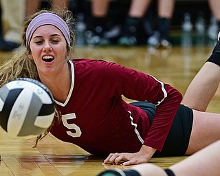 BELOIT, OHIO - OCTOBER 24, 2017: Mooney's Autumn DeSantis reacts after unsuccessfully diving to the floor to play the ball during their OHSAA Tournament match, Wednesday night at West Branch High School. DAVID DERMER | THE VINDICATOR