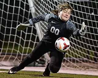 NILES, OHIO - OCTOBER 26, 2017: Lakeview goalie Caitlin Kachurik dives to save the ball during the second half of their OHSAA tournament game, Thursday night at Niles High School. DAVID DERMER | THE VINDICATOR
