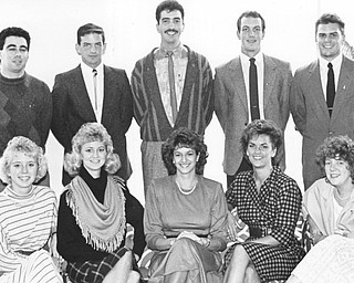 1987 YSU Homecoming court. Front l-r Erika Hanzely, Susan Kish, Sue Knapic, Cindy Yasher and Amy Otley. Back l-r Phil Commins, Jason Johnson, Michael Thomas Sam McKinney and John Dowling.