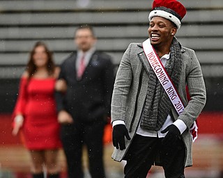 YOUNGSTOWN, OHIO - OCTOBER 28, 2017: Youngstown State student Willie Parker celebrates after hearing he had been crowned homecoming king during a halftime ceremony during a game between the Youngstown State Penguins and Illinois State Redbirds, Saturday afternoon at Stambaugh Stadium. Illinois State won 35-0. DAVID DERMER | THE VINDICATOR