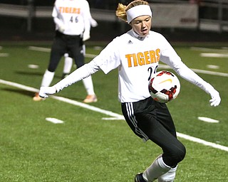 Springfield Local midfielder Anna Rothwell (29) regains control of the ball during the first half as Elyria Catholic High School takes on Springfield Local High School in the Division III Region 9 Regional Semi-Finals, Tuesday, Oct. 31, 2017, at Green Memorial Stadium in Uniontown. Elyria won 6-0...(Nikos Frazier | The Vindicator)..