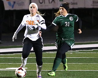 e2.Elyria Catholic midfielder Meghan Janscura (2).e3.Elyria Catholic forward Tori antu (3).e4.Elyria Catholic forward Emilie Uhnak (4).e5.Elyria Catholic defender Keileigh Hayes (5).e7.Elyria Catholic midfielder Avery Doll (7).e8.Elyria Catholic defender Lauren McIver (8).e9.Elyria Catholic midfielder Maddy Knoth (9).e10.Elyria Catholic defender Sadie Hutsenpillar (10).e12.Elyria Catholic forward Ryan Kunkle (12).e14.Elyria Catholic goalie Cam Resor (14).e15.Elyria Catholic defender Abby Birsic (15).e16.Elyria Catholic midfielder Alexa Oberg (16).e21.Elyria Catholic defender Sarah Fenik (21).e22.Elyria Catholic defender Riley Doll (22).e23.Elyria Catholic goalie Megan Schiebelhut (23).e24.Elyria Catholic midfielder Makenna Hodges (24).e25.Elyria Catholic forward Trinity Velazquez (25).e31.Elyria Catholic defender Riana Kelley (31).e32.Elyria Catholic midfielder Meredith Flanagan (32).e37.Elyria Catholic forward Delaney Stringer (37).Springfield Local midfielder Cierra Latronica (24) drives towards the goal against Elyria Catholic defender Riana Kelley (31) during the first half as Elyria Catholic High School takes on Springfield Local High School in the Division III Region 9 Regional Semi-Finals, Tuesday, Oct. 31, 2017, at Green Memorial Stadium in Uniontown. Elyria won 6-0...(Nikos Frazier | The Vindicator)..