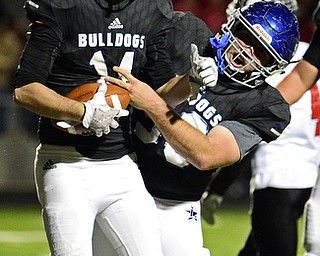 CORTLAND, OHIO - NOVEMBER 3, 2017: Lakeview's Connor Greenwood, left, celebrates with Thad Evans after scoring a touchdown during the first half of the OHSAA playoff game, Friday night at Lakeview High School. DAVID DERMER | THE VINDICATOR
