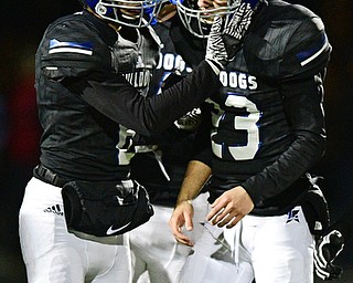 CORTLAND, OHIO - NOVEMBER 3, 2017: Lakeview's Noah Busefink, right, is consoled by Clay Lazzari after missing a field goal late during the second half of the OHSAA playoff game, Friday night at Lakeview High School. DAVID DERMER | THE VINDICATOR
