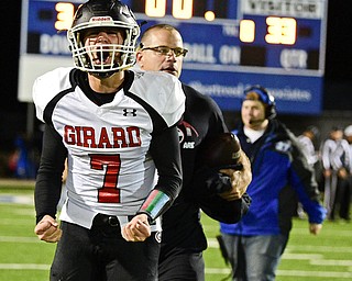 CORTLAND, OHIO - NOVEMBER 3, 2017: Girard's Mark Said celebrates while running off the field after Girard defeated Lakeview 33-31 in their OHSAA playoff game, Friday night at Lakeview High School. DAVID DERMER | THE VINDICATOR