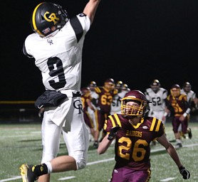South Range's Brennan Toy(26) watches as Crestview's Dylan Huff(9) narrowly misses a pass during the first quarter as Crestview High School takes on South Range High School, Friday, Nov. 3, 2017, at Raider's stadium at the Rominger Sports Complex in Canfield...(Nikos Frazier | The Vindicator)..