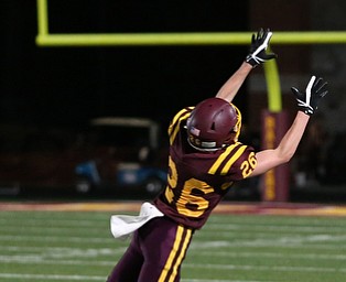 South Range's Brennan Toy(26) jumps out to try and catch a wild throw during the first quarter as Crestview High School takes on South Range High School, Friday, Nov. 3, 2017, at Raider's stadium at the Rominger Sports Complex in Canfield...(Nikos Frazier | The Vindicator)..