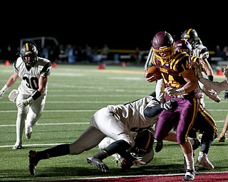South Range quarterback Aniello Buzzacco(14) steps into the endzone for a touchdown during the second quarter as Crestview High School takes on South Range High School, Friday, Nov. 3, 2017, at Raider's stadium at the Rominger Sports Complex in Canfield...(Nikos Frazier | The Vindicator)..