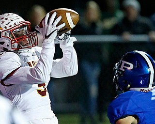 POLAND, OHIO - NOVEMBER 3, 2017: Mooney's Nico Marchionda (5) catches a TD pass as Poland's Mike Diaz (4) defends during the 2nd qtr. at Bulldog Stadium. MICHAEL G TAYLOR | THE VINDICATOR