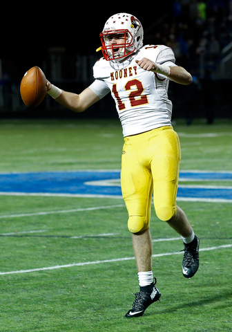 POLAND, OHIO - NOVEMBER 3, 2017:  As the clock expires, Mooney's John Murphy (12) celebrates the victory at Poland Stadium. MICHAEL G TAYLOR | THE VINDICATOR