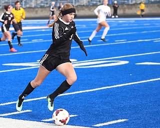 Canfield forward Morgan Carey (9) charges towards the goal during the first half as Lake Catholic High School takes on Canfield High School in the Division II Regional Final, Saturday, Nov. 4, 2017, at Gilcrest Field at Portage Community Bank Stadium in Ravenna, Ohio. Lake won 2-0...(Nikos Frazier | The Vindicator)..