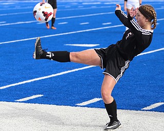 Canfield forward Marisa Scheetz (5) kicks the ball backwards during the first half as Lake Catholic High School takes on Canfield High School in the Division II Regional Final, Saturday, Nov. 4, 2017, at Gilcrest Field at Portage Community Bank Stadium in Ravenna, Ohio. Lake won 2-0...(Nikos Frazier | The Vindicator)..