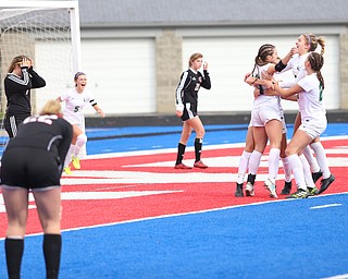 Lake Catholic forward Keka Babic (9) is congratulated by her teammates after scoring a goal during the first half as Lake Catholic High School takes on Canfield High School in the Division II Regional Final, Saturday, Nov. 4, 2017, at Gilcrest Field at Portage Community Bank Stadium in Ravenna, Ohio. Lake won 2-0...(Nikos Frazier | The Vindicator)..