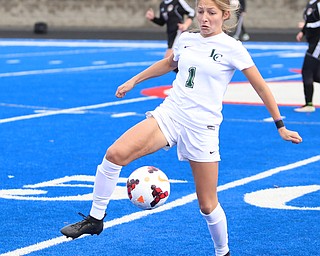 Lake Catholic midfielder Ella Hadley (1) regains control of the ball during the first half as Lake Catholic High School takes on Canfield High School in the Division II Regional Final, Saturday, Nov. 4, 2017, at Gilcrest Field at Portage Community Bank Stadium in Ravenna, Ohio. Lake won 2-0...(Nikos Frazier | The Vindicator)..