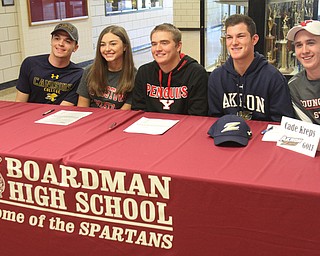 William D. Lewis The Vindicator Signing day at Boardman HS 11-8-17 from left: Kyle Kimerer, Jenna Vivo, Brian Terlesky, Cade Kreps and Bryan Kordupel.