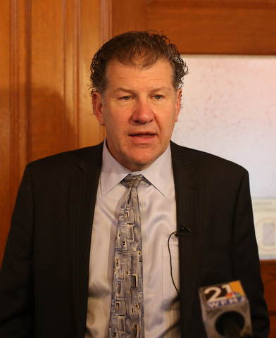 Chris Becker, assistant Trumbull County prosecutor, talks with members of the media about the Nasser Hamad sentence, Wednesday, Nov. 8, 2017, at the Trumbull County Court House in Warren. Hamad was sentenced to life in prison with parole eligibility after 30 years...(Nikos Frazier | The Vindicator)