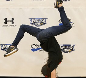 Claire Gagliardi poses for a photo, Wednesday, Nov. 8, 2017, in the Hubbard High School Gymnasium in Hubbard. Gagliardi plans on attending Ohio State University to play gymnastics...(Nikos Frazier | The Vindicator)