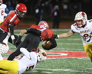   ROBERT K YOSAY  | THE VINDICATOR..Cardinal Mooney vs Steubenville Big Red at Salem Stadium..CM#9 Jason Santisi and CM#5 Nico Marchionda stops SBR #7 Gino Pierro at the line..-30-