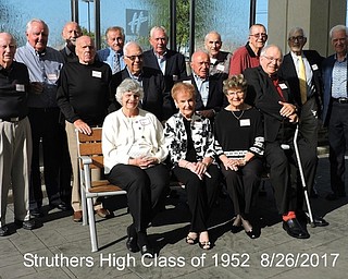 The Struthers High School Class of 1952 celebrated its 65th reunion recently at the Holiday Inn. Above, front row from left, are Joan Bolkovac (Pavlov), Marilyn Beeman (Korody), Carolyn Gaul (Schulick) and Dean Burns. Center row, from left, are Dick Prest, Stan Floryjanski, Vince Veltre and John Centofanti. Back row, from left, are Bob Maruschak, Laurie Flack, Bob Demoko, Ian McNabb, Bob Vlosich, Dick Mihalko, Al Magazzine and John Sylvester. 