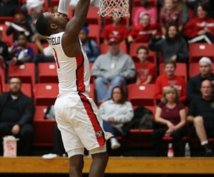 Youngstown State guard Braun Hartfield (1) dunks the ball during the first half of a NCAA College Basketball game, Tuesday, Nov. 14, 2017, at Beeghly Center in Youngstown. Youngstown State won 134-46...(Nikos Frazier | The Vindicator)..
