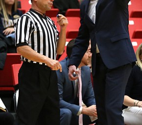 Kent State head coach Todd Starkey talks with an official during the first quarter of a NCAA College Basketball game against Youngstown State, Tuesday, Nov. 14, 2017, at Beeghly Center in Youngstown. Kent State won 55-44...(Nikos Frazier | The Vindicator)..