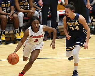 Youngstown State guard Indiya Benjamin (3) drives towards the net against Kent State forward Zenobia Bess (34) during the second quarter of a NCAA College Basketball game, Tuesday, Nov. 14, 2017, at Beeghly Center in Youngstown. Kent State won 55-44...(Nikos Frazier | The Vindicator)..
